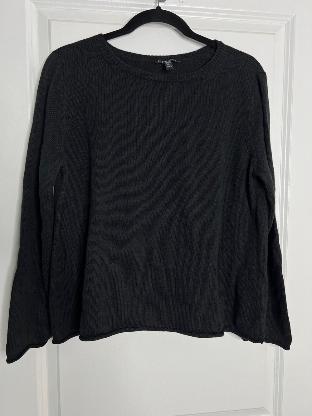 Eileen Fisher Black Knit Sweater Large Rolled Hem Organic Cotton Tencel